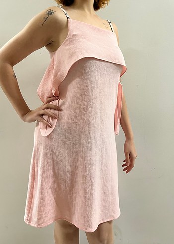 Pembe Keten Midi Elbise, Askılı, Salaş - Görsel 2