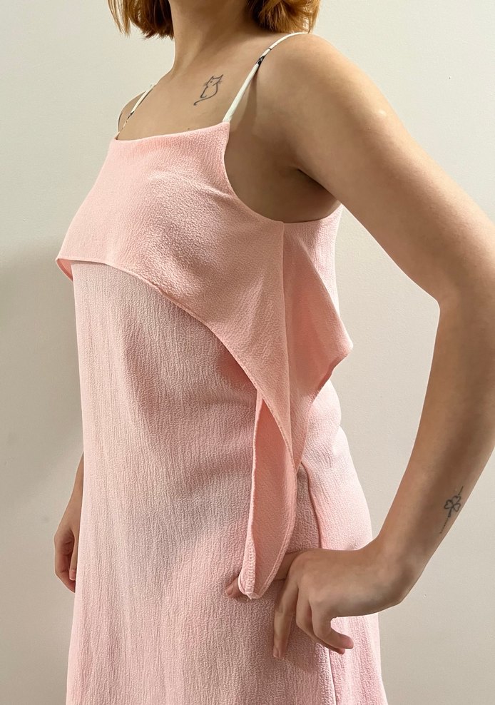 Pembe Keten Midi Elbise, Askılı, Salaş - Görsel 3