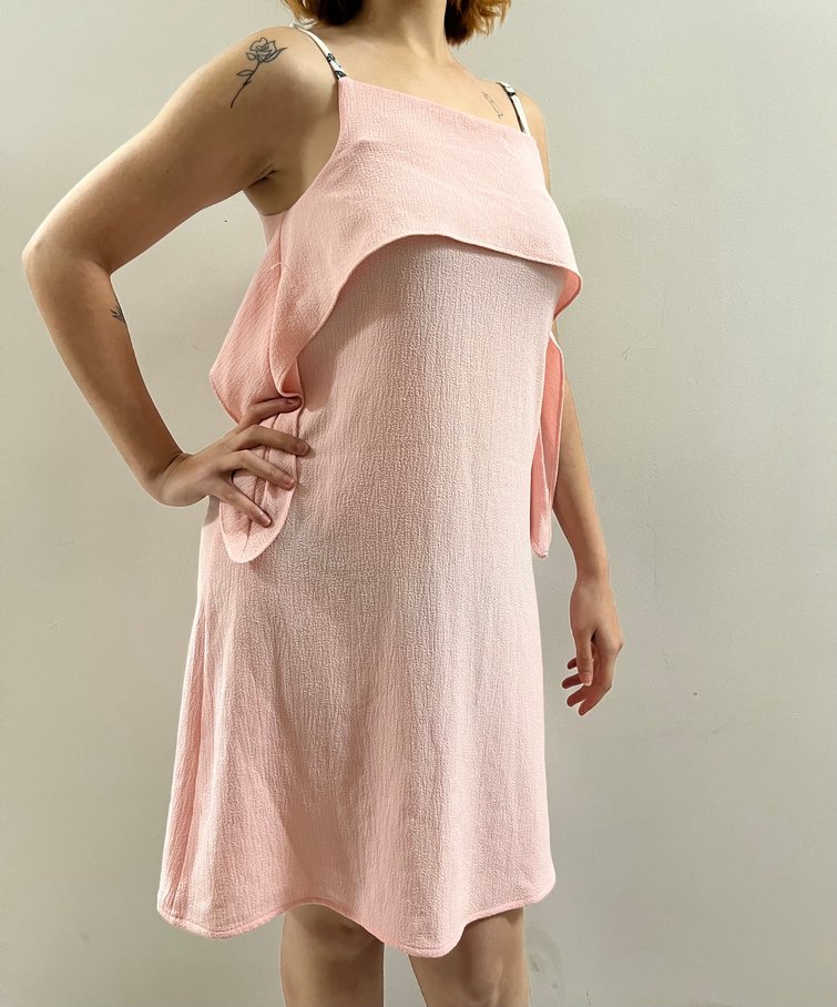 Pembe Keten Midi Elbise, Askılı, Salaş - Görsel 2