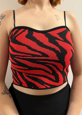 Kırmızı Siyah Zebra Desenli Triko Büstiyer - Görsel 2