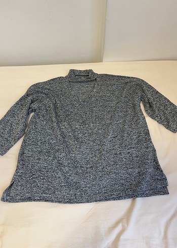 Kadın Gri V Yaka Triko Kısa Kollu Kazak - Görsel 4