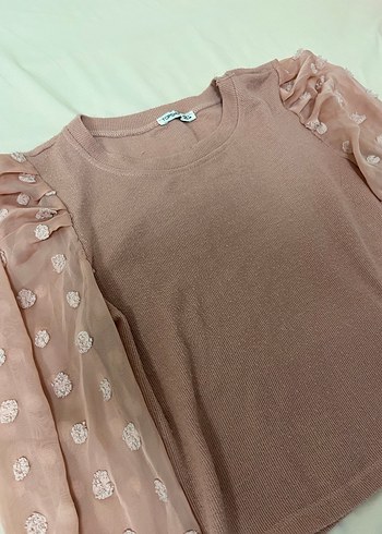 Toz Pembe Uzun Kollu Fırfırlı Kadın Bluz - Görsel 2