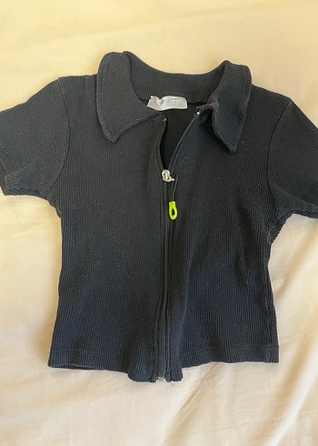 Kadın Siyah Fermuarlı Kısa Kollu Tişört Crop - Görsel 2