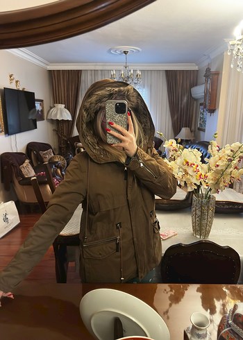 Haki Yeşili Bershka Kürk Kapşonlu Mont - Görsel 2