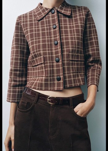 Düğmeli Kahverengi Ekose ceket hırka zara - Görsel 3