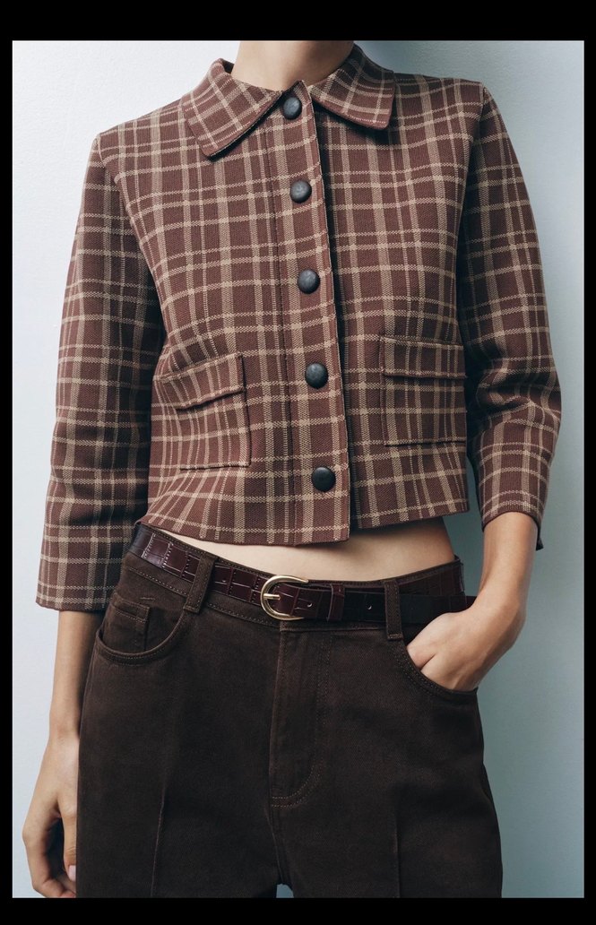 Düğmeli Kahverengi Ekose ceket hırka zara - Görsel 3