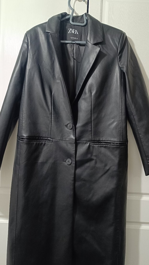 Zara Siyah Uzun Deri Kadın Ceket - Görsel 3