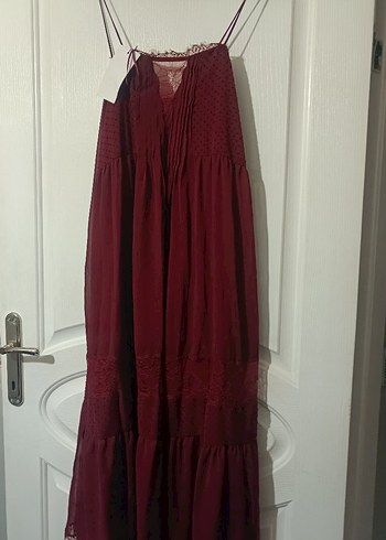 Bordo V Yakalı Uzun Bohem Elbise - Görsel 2