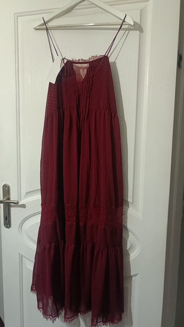 Bordo V Yakalı Uzun Bohem Elbise - Görsel 2