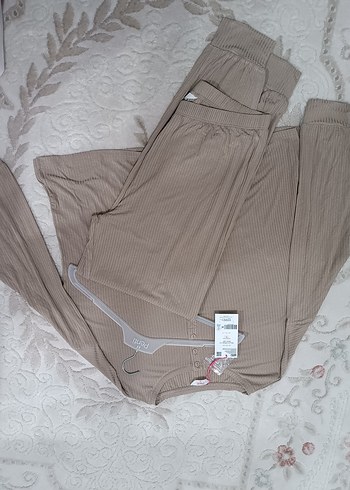 Bej Uzun Kollu V Yaka Hamile Pijama Takımı - Görsel 2