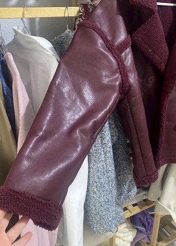 Bordo Deri Kürklü Midi Ceket - Görsel 2