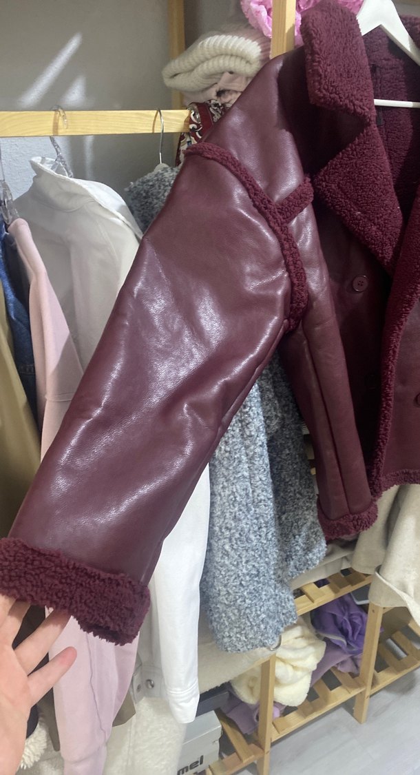 Bordo Deri Kürklü Midi Ceket - Görsel 2