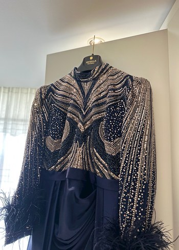 Uzun Kollu Drapeli Lacivert Abiye Elbise - Görsel 3