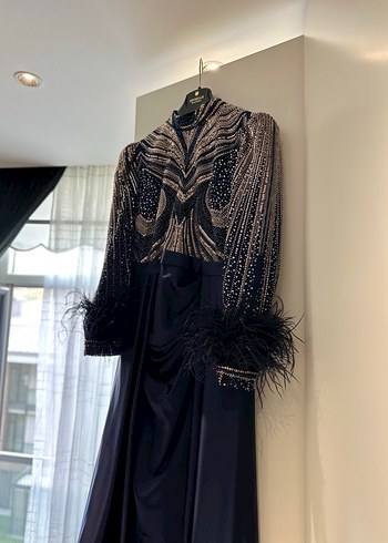 Uzun Kollu Drapeli Lacivert Abiye Elbise - Görsel 2