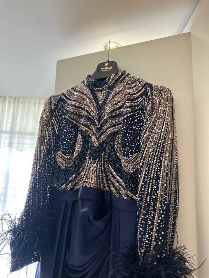 Uzun Kollu Drapeli Lacivert Abiye Elbise - Görsel 3