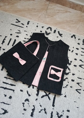 Kız Çocuk Pembe Detaylı Kot Yelek ve Çanta - Görsel 3