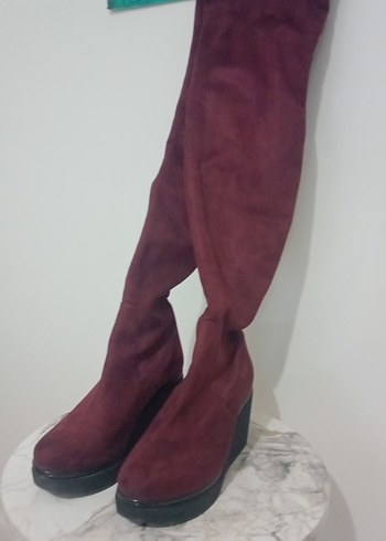 Bordo Süet Dizüstü Kalın düz Topuklu Çizme - Görsel 5