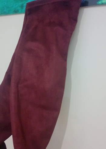 Bordo Süet Dizüstü Kalın düz Topuklu Çizme - Görsel 6