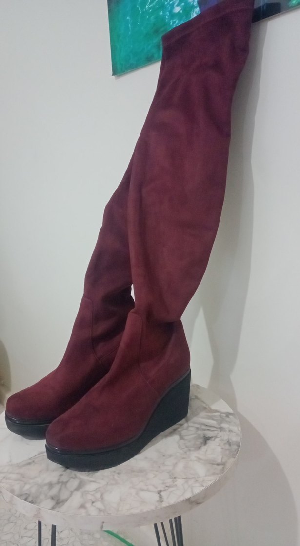 Bordo Süet Dizüstü Kalın düz Topuklu Çizme - Görsel 3