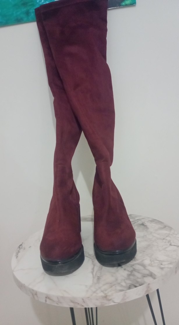 Bordo Süet Dizüstü Kalın düz Topuklu Çizme - Görsel 2