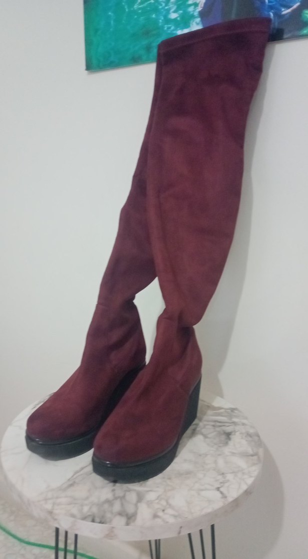 Bordo Süet Dizüstü Kalın düz Topuklu Çizme - Görsel 5