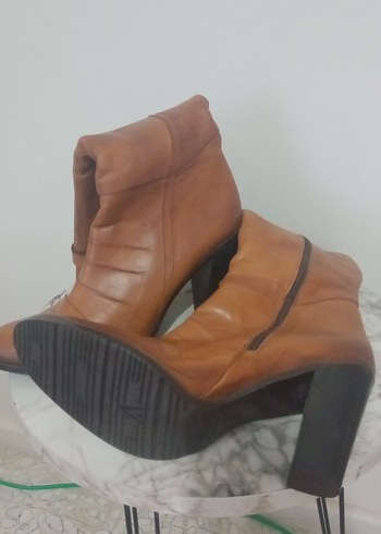 kahverengi Deri Kadın Diz Boyu Bot - Görsel 7