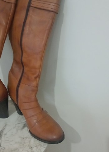 kahverengi Deri Kadın Diz Boyu Bot - Görsel 6