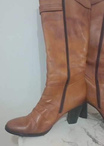 kahverengi Deri Kadın Diz Boyu Bot - Görsel 5