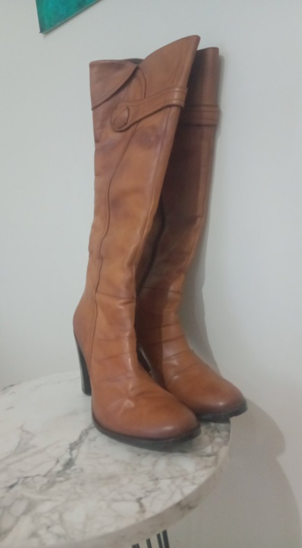 kahverengi Deri Kadın Diz Boyu Bot - Görsel 2