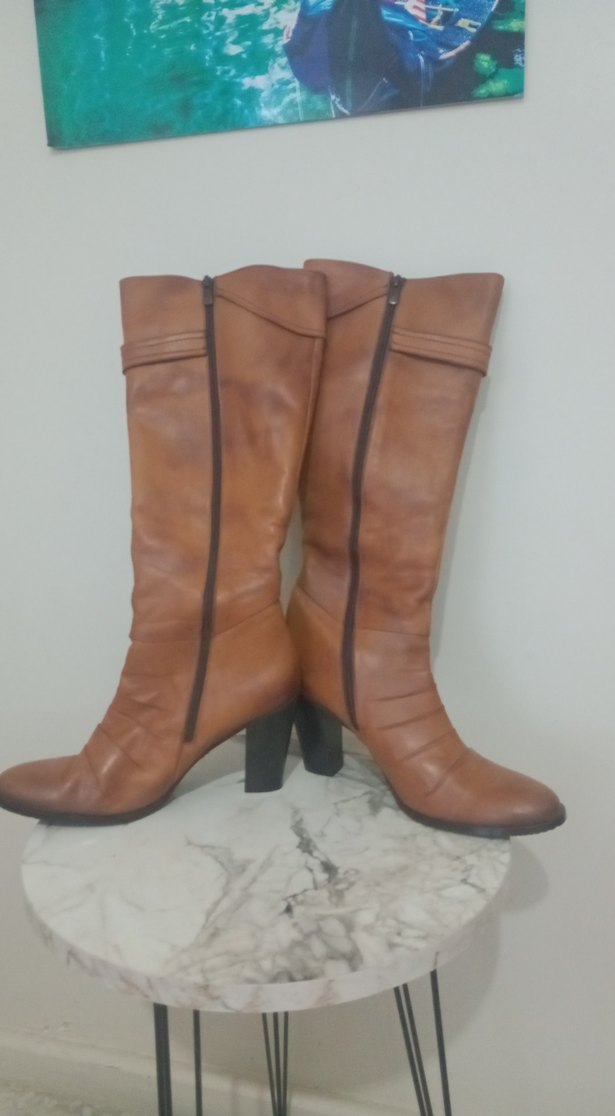 kahverengi Deri Kadın Diz Boyu Bot - Görsel 4