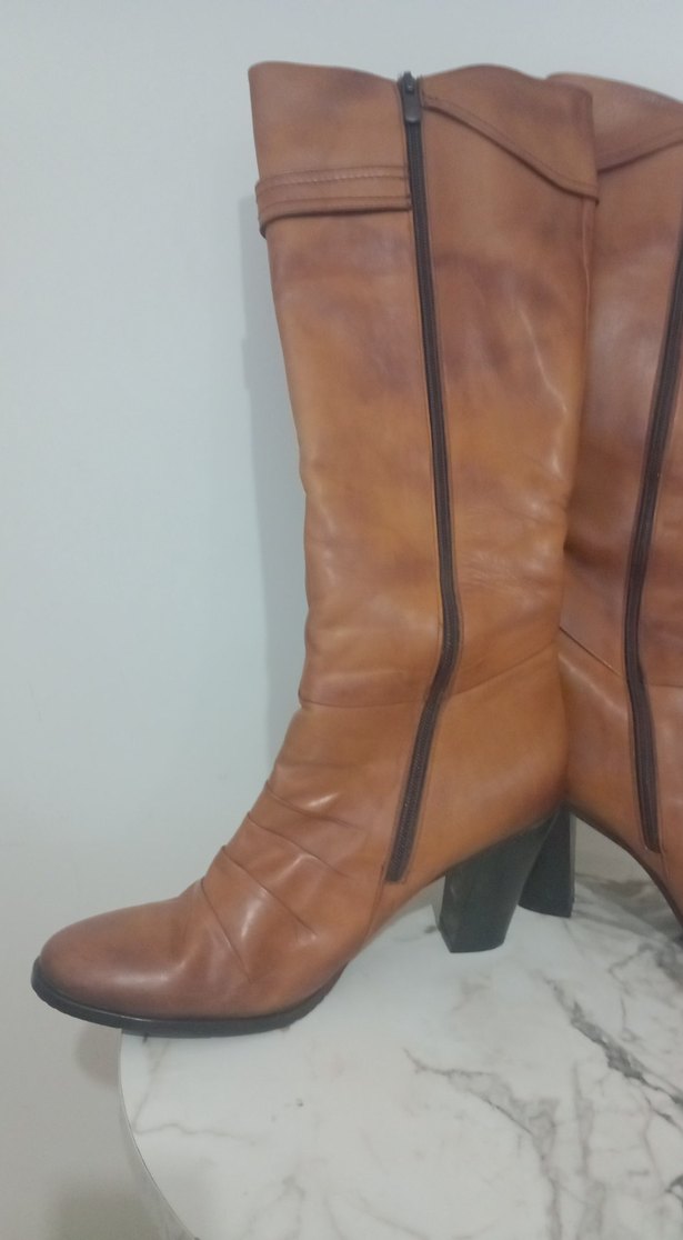 kahverengi Deri Kadın Diz Boyu Bot - Görsel 5