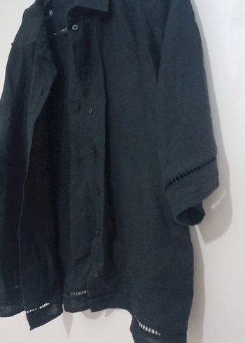 Düğmeli Siyah Keten Kadın Gömlek - Görsel 5