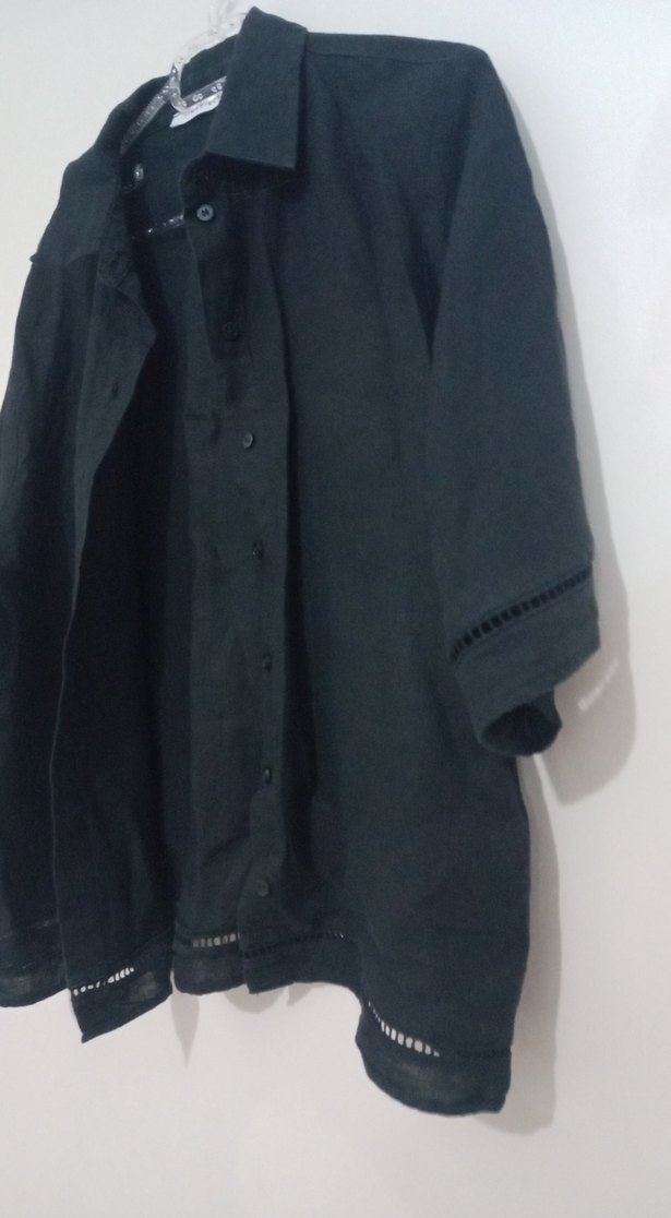 Düğmeli Siyah Keten Kadın Gömlek - Görsel 5