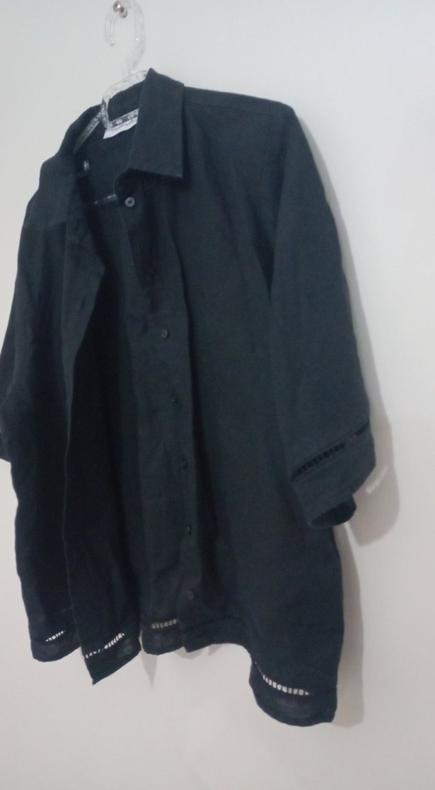 Düğmeli Siyah Keten Kadın Gömlek - Görsel 4