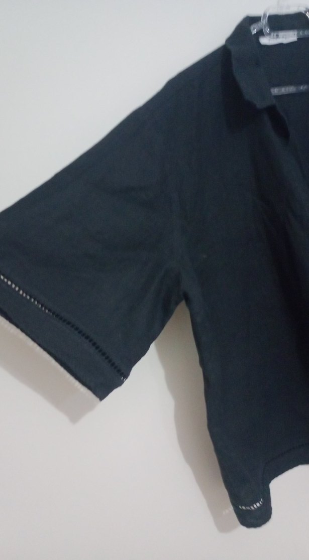 Düğmeli Siyah Keten Kadın Gömlek - Görsel 2