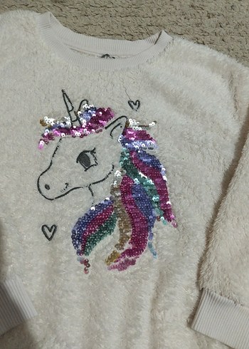 LC Waikiki lcw Kız Çocuk Beyaz Peluş Sweatshirt Unicorn Desenli