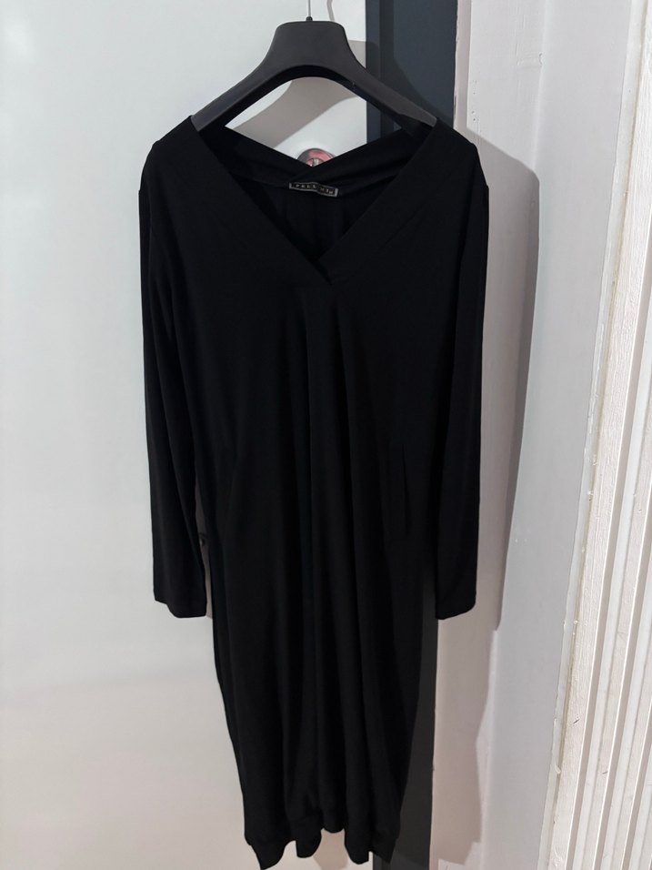 Siyah V Yaka Uzun Kollu Salaş Elbise - Görsel 2