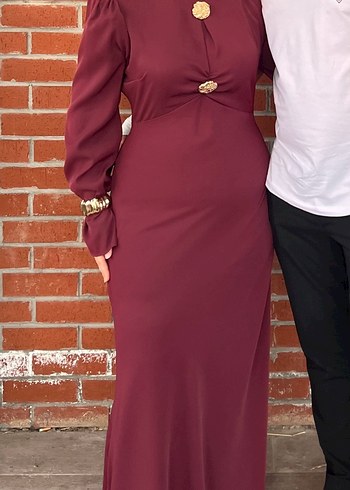 Bordo Uzun Kollu Drapeli Kadın Abiye - Görsel 2