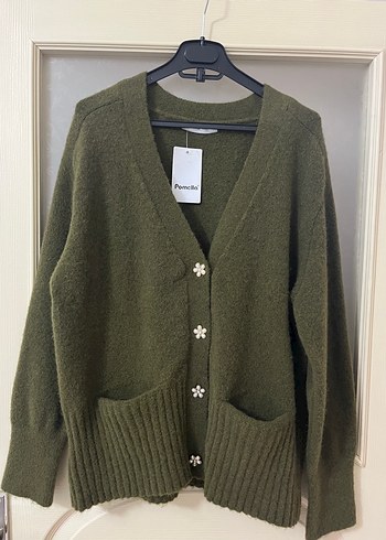 Düğmeli Haki Kadın Triko Hırka YÜN TRİKO YENİ ETİKETLİ - Görsel 4