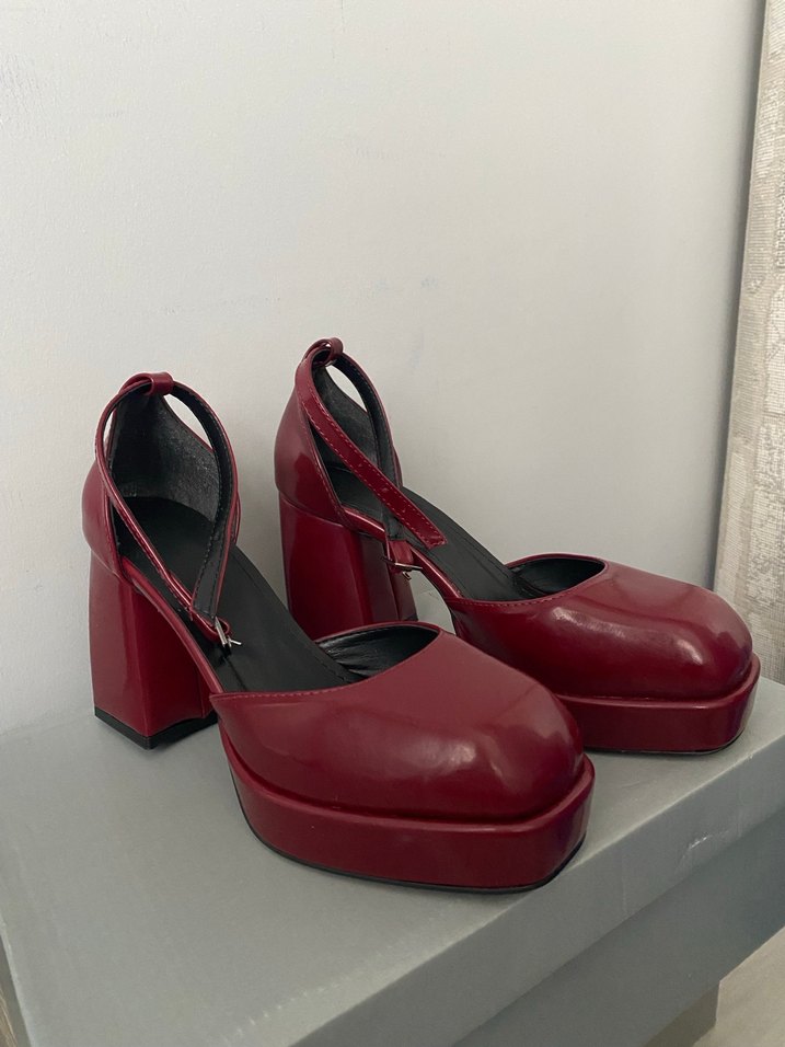 Bordo Deri Platform Topuklu Ayakkabı - Görsel 3