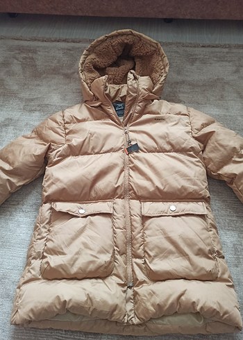 Kürklü Kapüşonlu Bej Kadın Kış Montu - Görsel 2