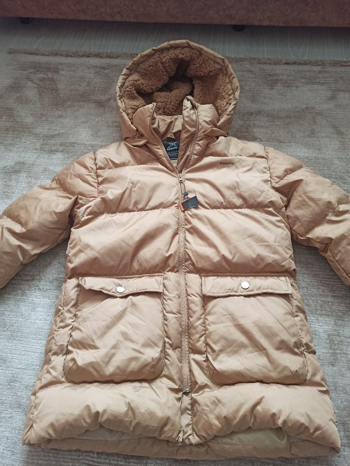 Kürklü Kapüşonlu Bej Kadın Kış Montu - Görsel 2