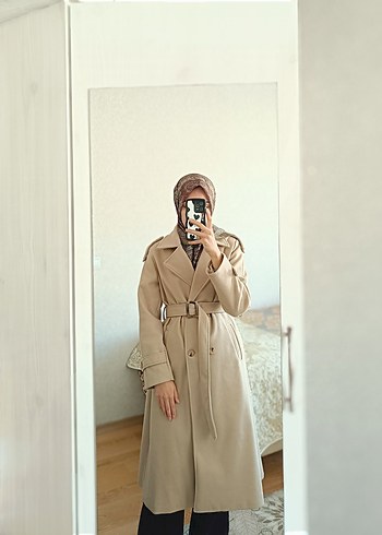 Bej Kadın Süet Kemerli Uzun Trençkot - Görsel 4