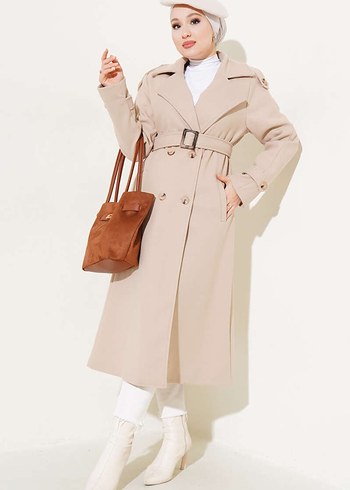 Bej Kadın Süet Kemerli Uzun Trençkot - Görsel 2