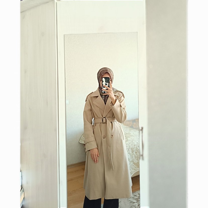 Bej Kadın Süet Kemerli Uzun Trençkot - Görsel 4