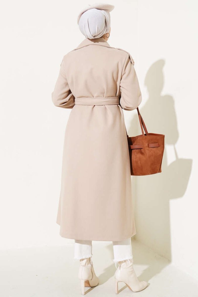 Bej Kadın Süet Kemerli Uzun Trençkot - Görsel 3