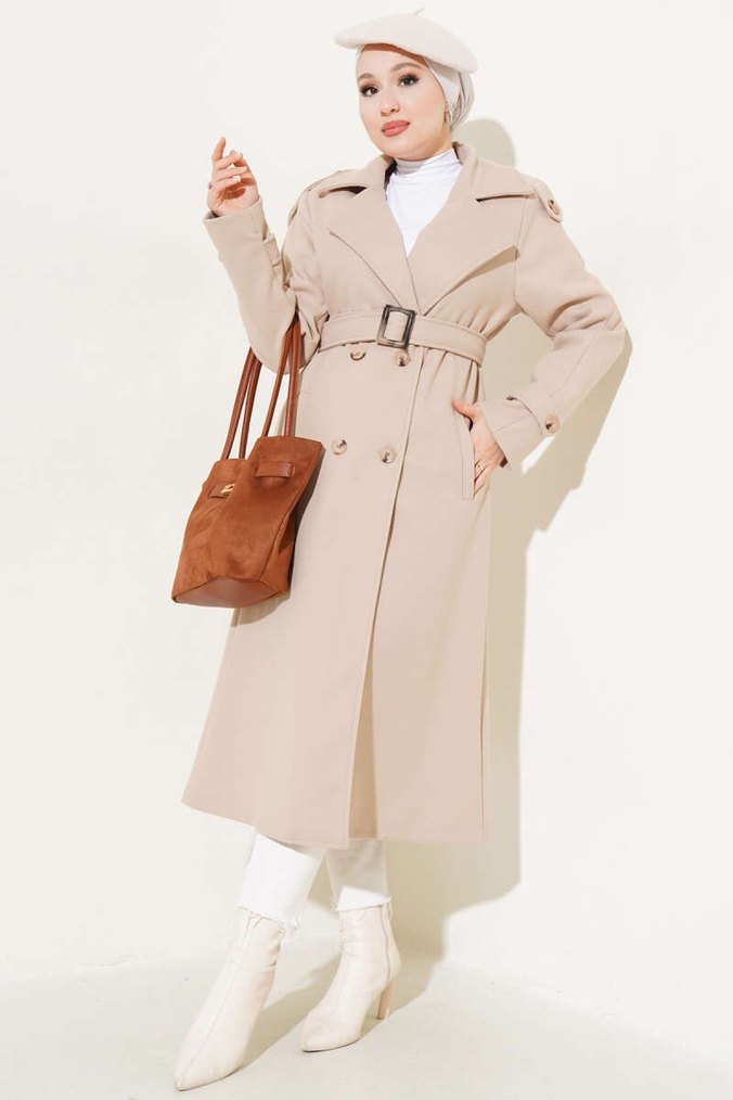 Bej Kadın Süet Kemerli Uzun Trençkot - Görsel 2