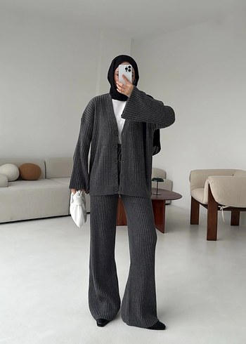 Fitilli gri triko takım - Görsel 2