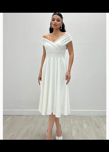 Beyaz V Yaka Drapeli Uzun Nikah Elbise