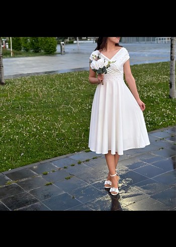 38 Beden Beyaz V Yaka Drapeli Uzun Nikah Elbise